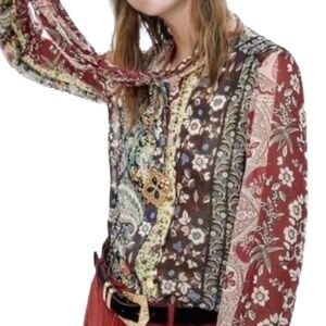 Zara Bow Tie Long Sleeve Blouse in a Floral Patchwork Pattern Size XS